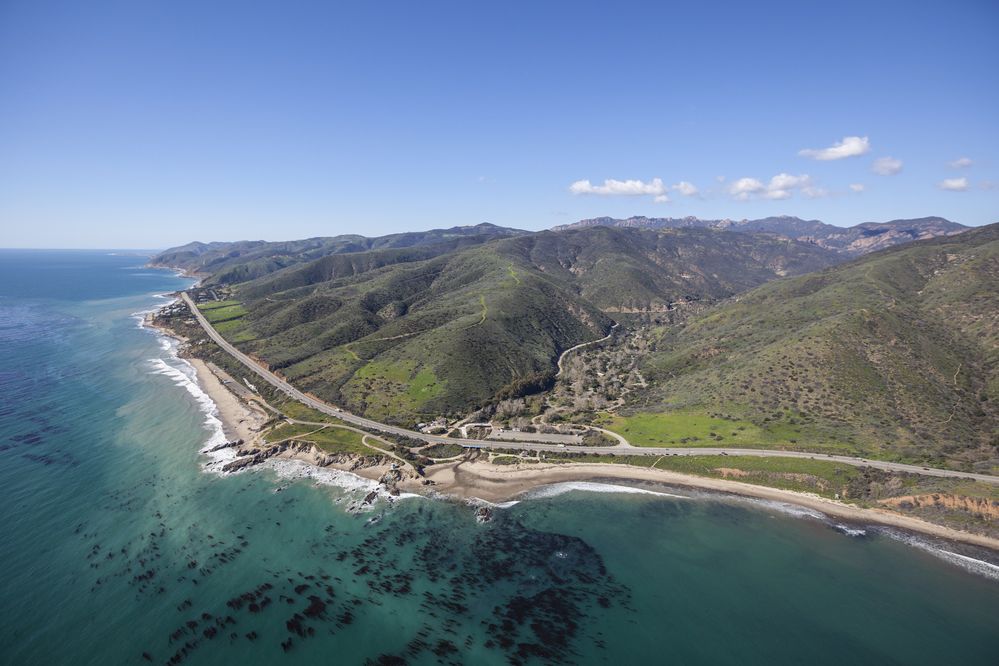 Leo Carrillo State Park and Pacific Coast Highway in Malibu, California.