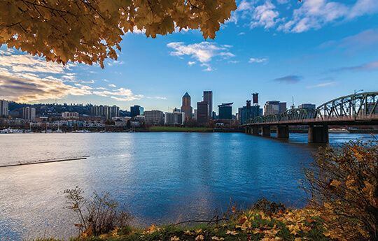 View of Portland, Oregon, overlooking the Willamette River on a fall afternoon