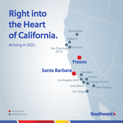 Southwest Airlines to add Santa Barbara and Fresno to the Map in 2021
