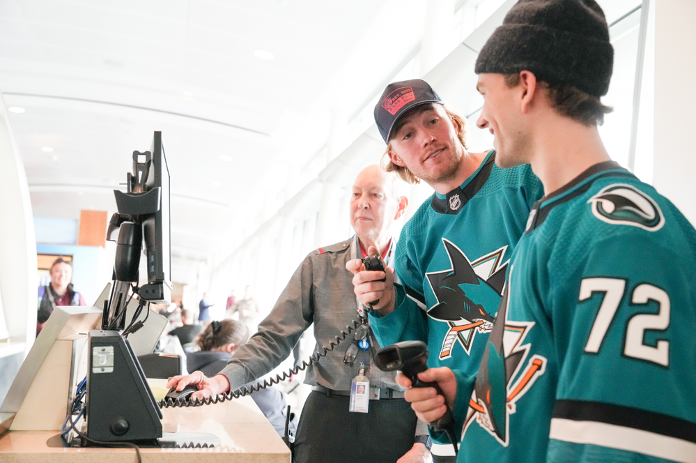 Sharks hockey players, William Eklund and Mackenzie Blackwood making gate announcements; photo courtesy of San Jose Sharks