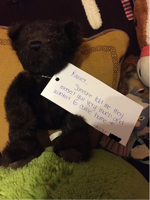 Rainier's teddy bear after his big solo adventure